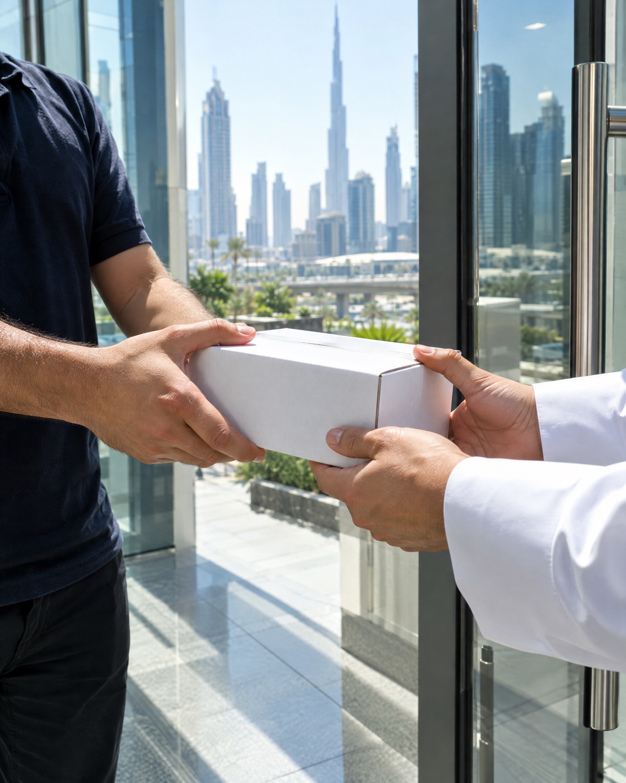 A courier handing a parcel of cards to an office in Dubai